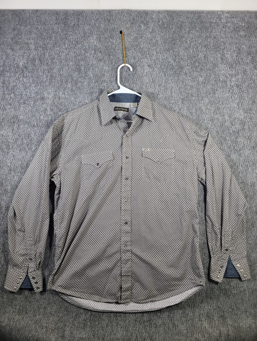 Stetson Western Shirt Mens Large L Long Sleeve Diamond Geo Print Gray Button Up